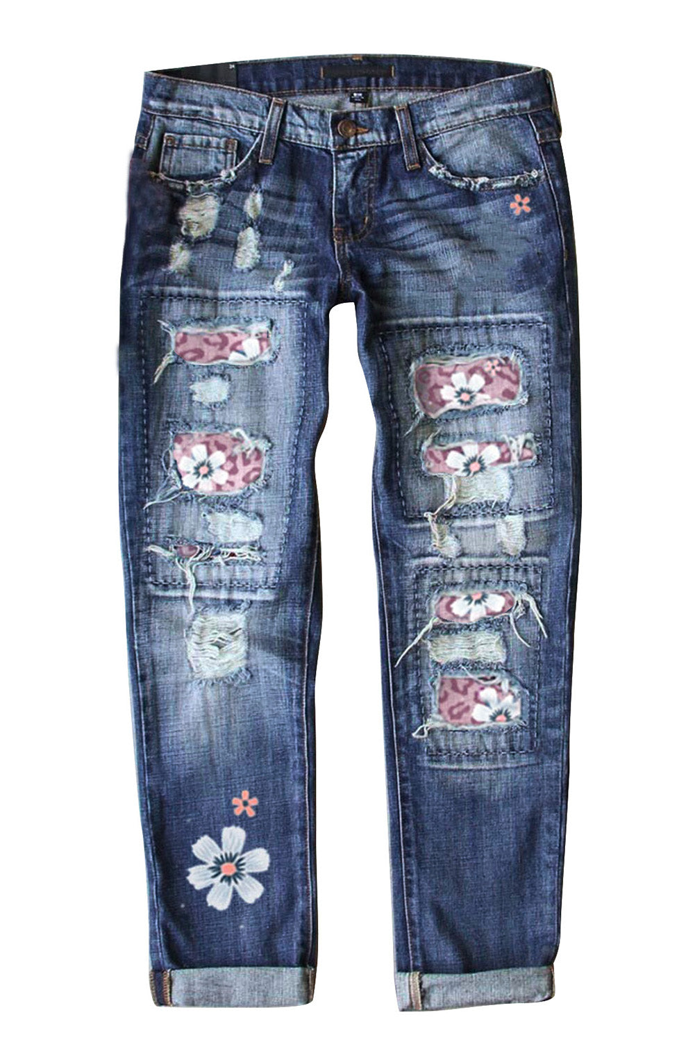Jeans a vita alta invecchiati patchwork con stampa leopardata floreale rosa