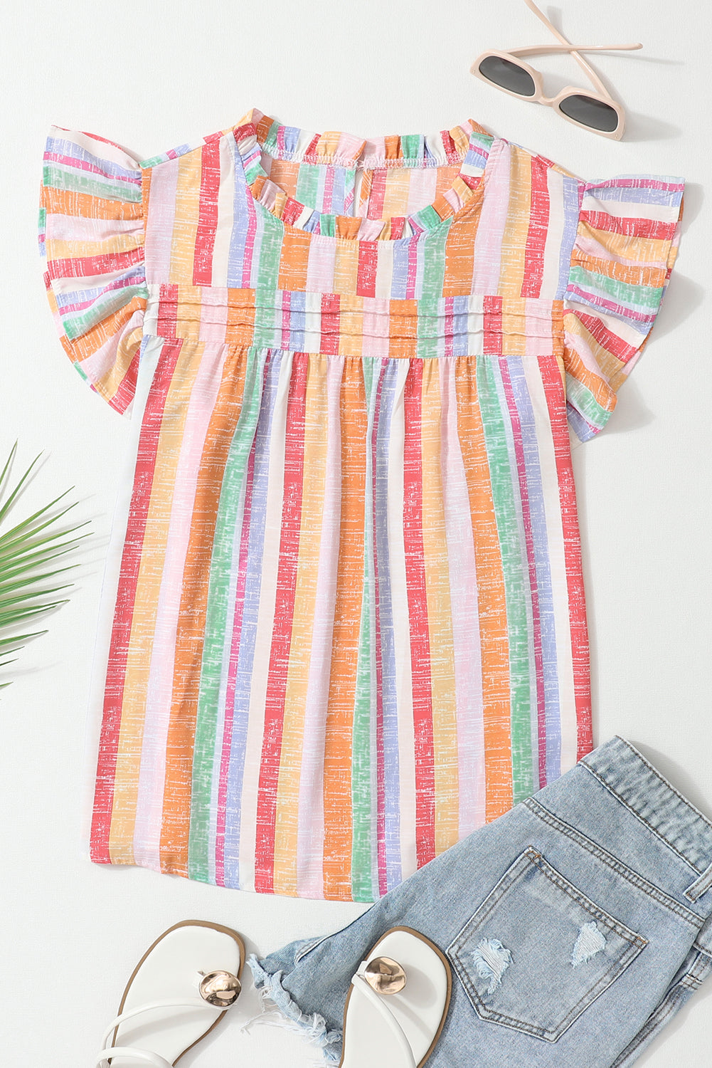 Multicolor Striped Frill Round Neck Ruffle Sleeve Blouse