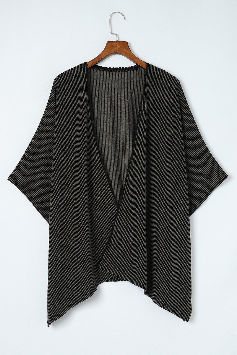 Kimono oversize côtelé noir avec bordure en dentelle