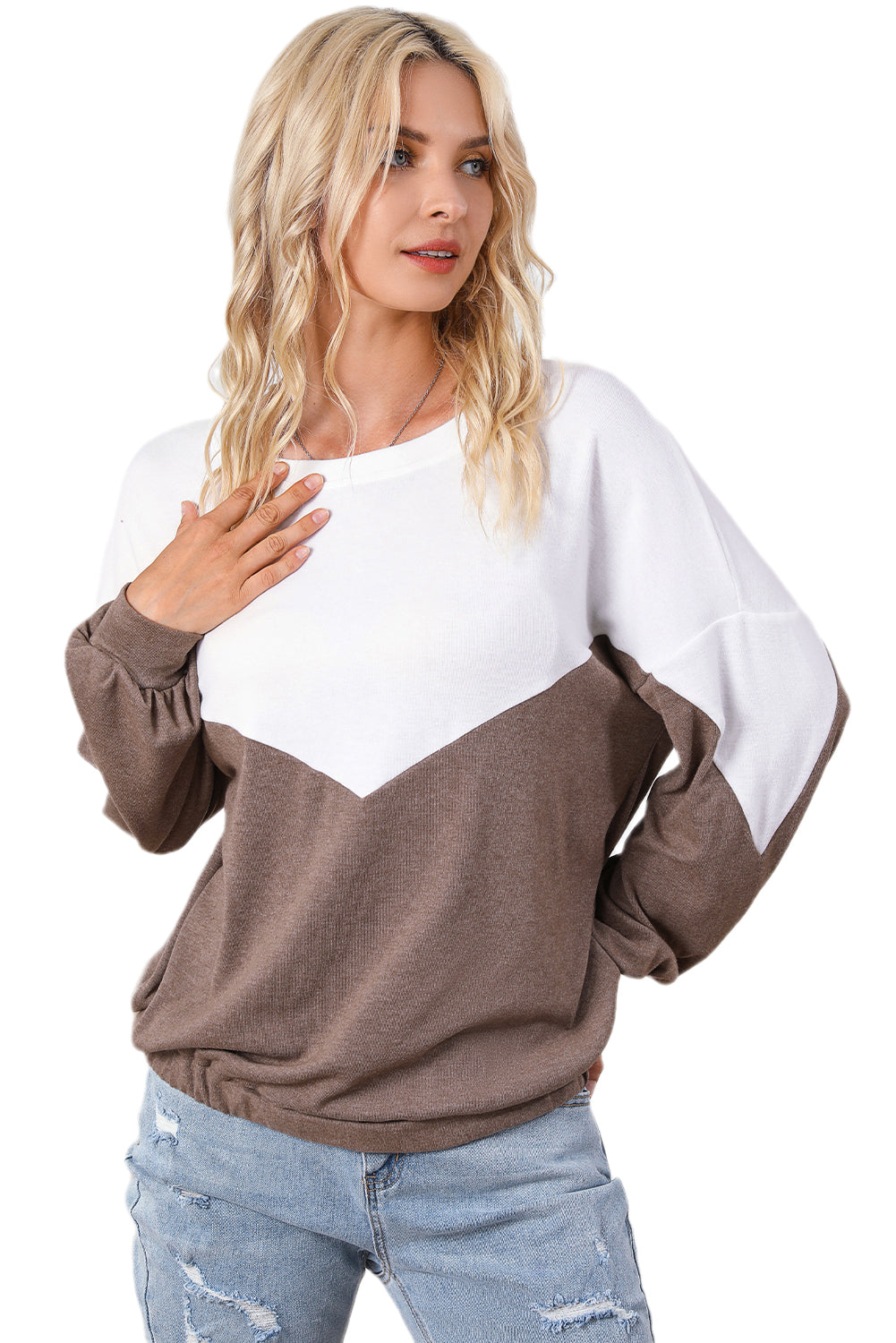 Khakifarbenes Pullover-Sweatshirt mit Colorblock-Ausschnitt und elastischem Saum
