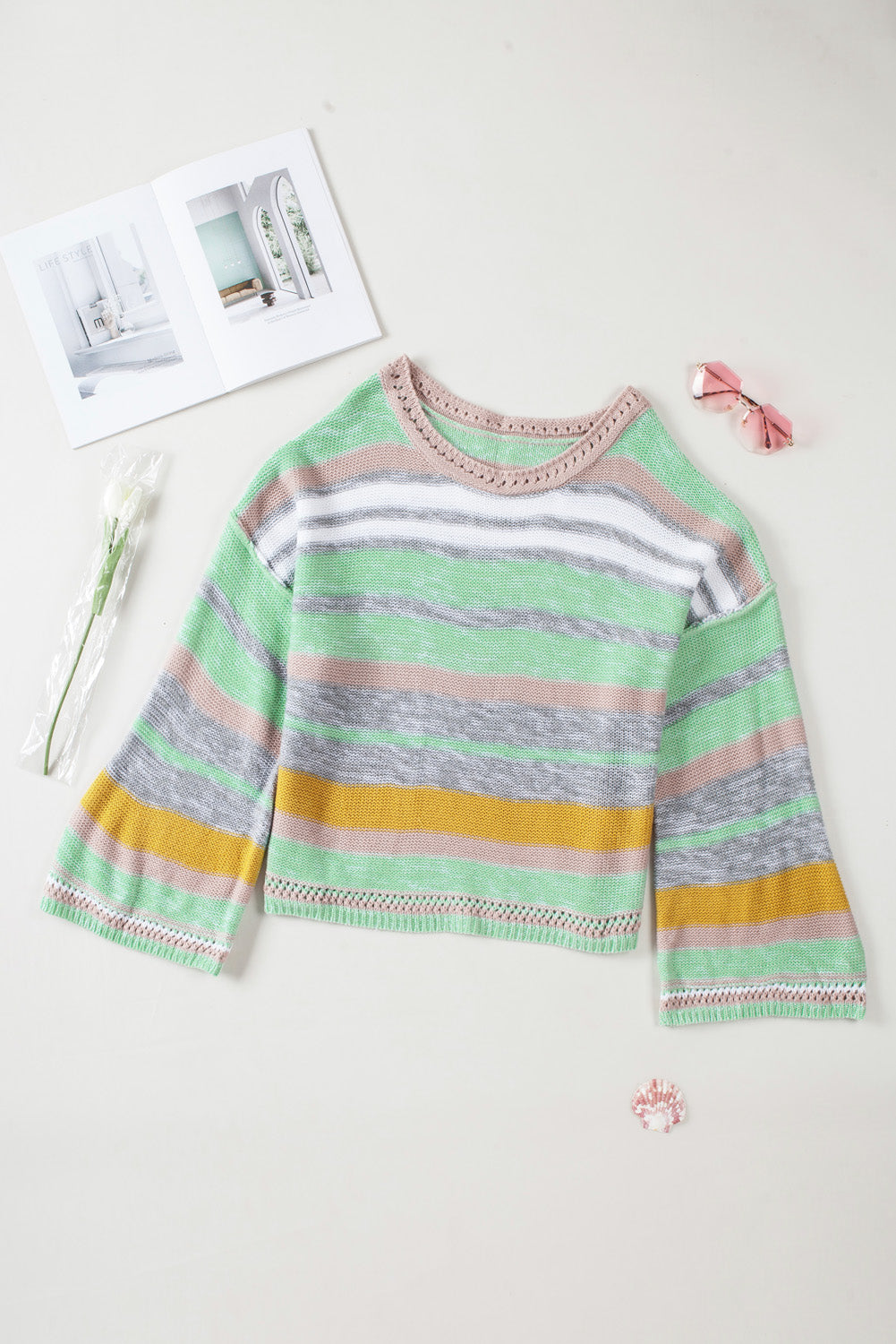 Green Striped Bell Sleeves Loose Sweater