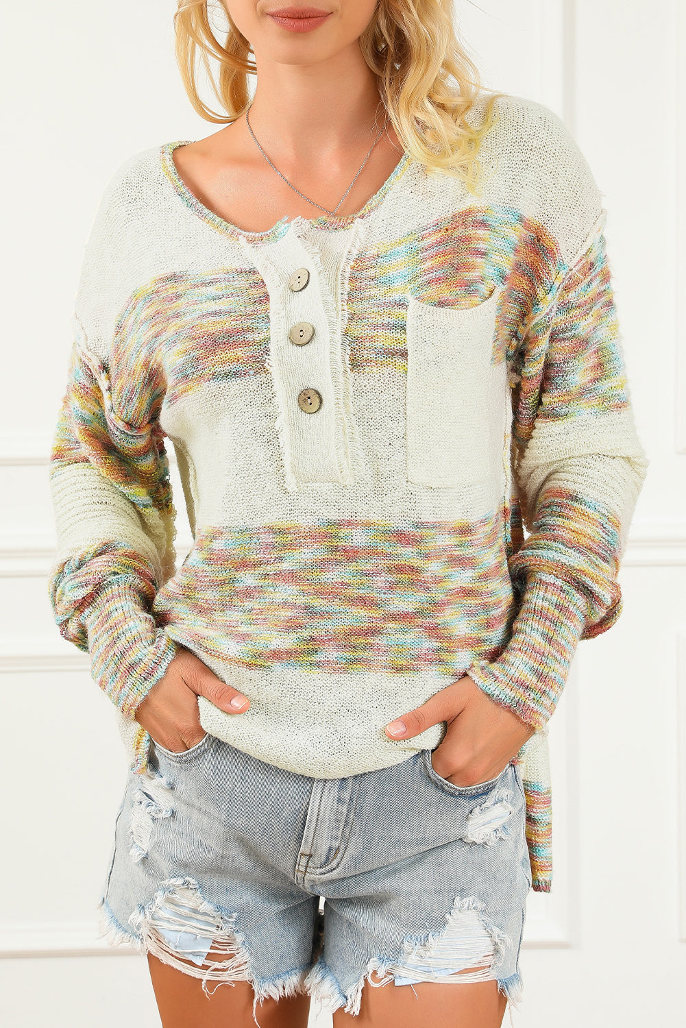Večbarvni pleteni pulover Space Dye Henley