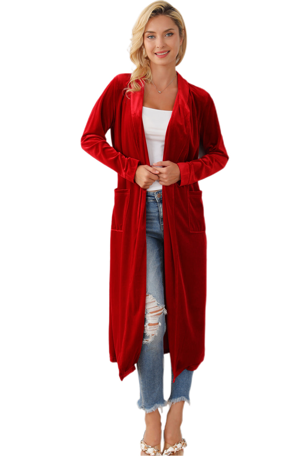 Fiery Red Velvet Open Front Pocketed Long Duster