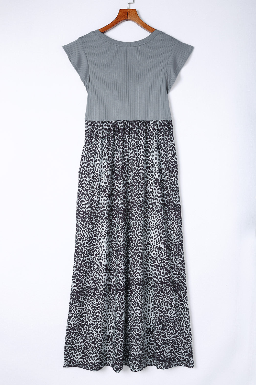 Gray Leopard Patchwork Ribbed Maxi Dress with Pockets