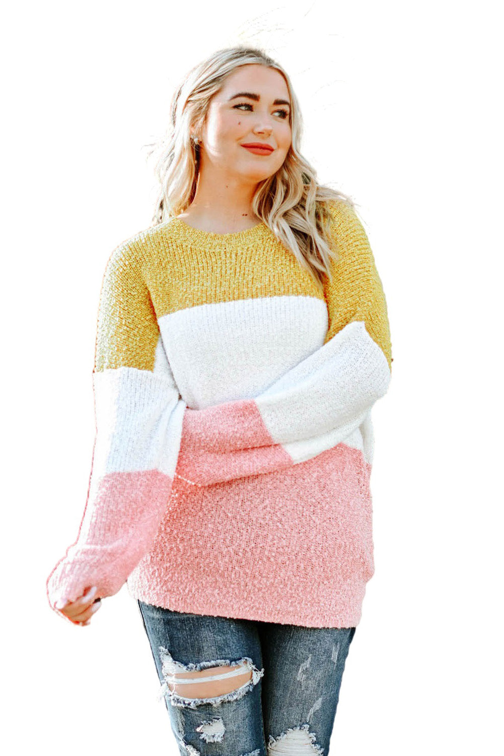 Gelber Colorblock-Pullover mit Blasenärmeln in Übergröße