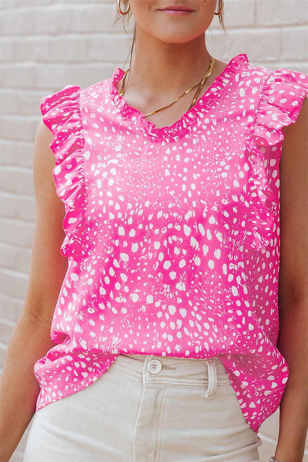 Majica brez rokavov z naborki v obliki roza leoparda