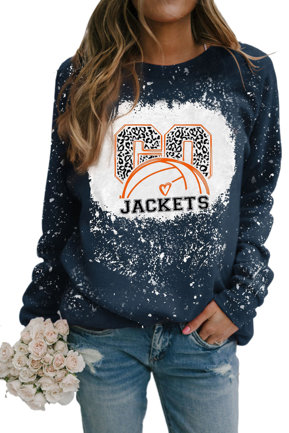 Blue GO JACKETS Leopard Graphic Print Long Sleeve Sweatshirt