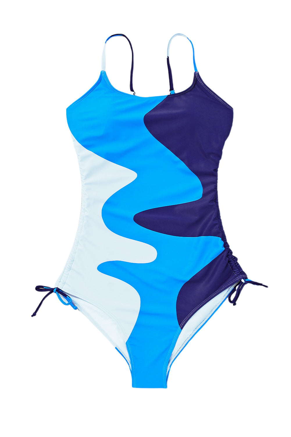Sky Blue Printed Color Block Drawstring Sides One Piece Swimsuit