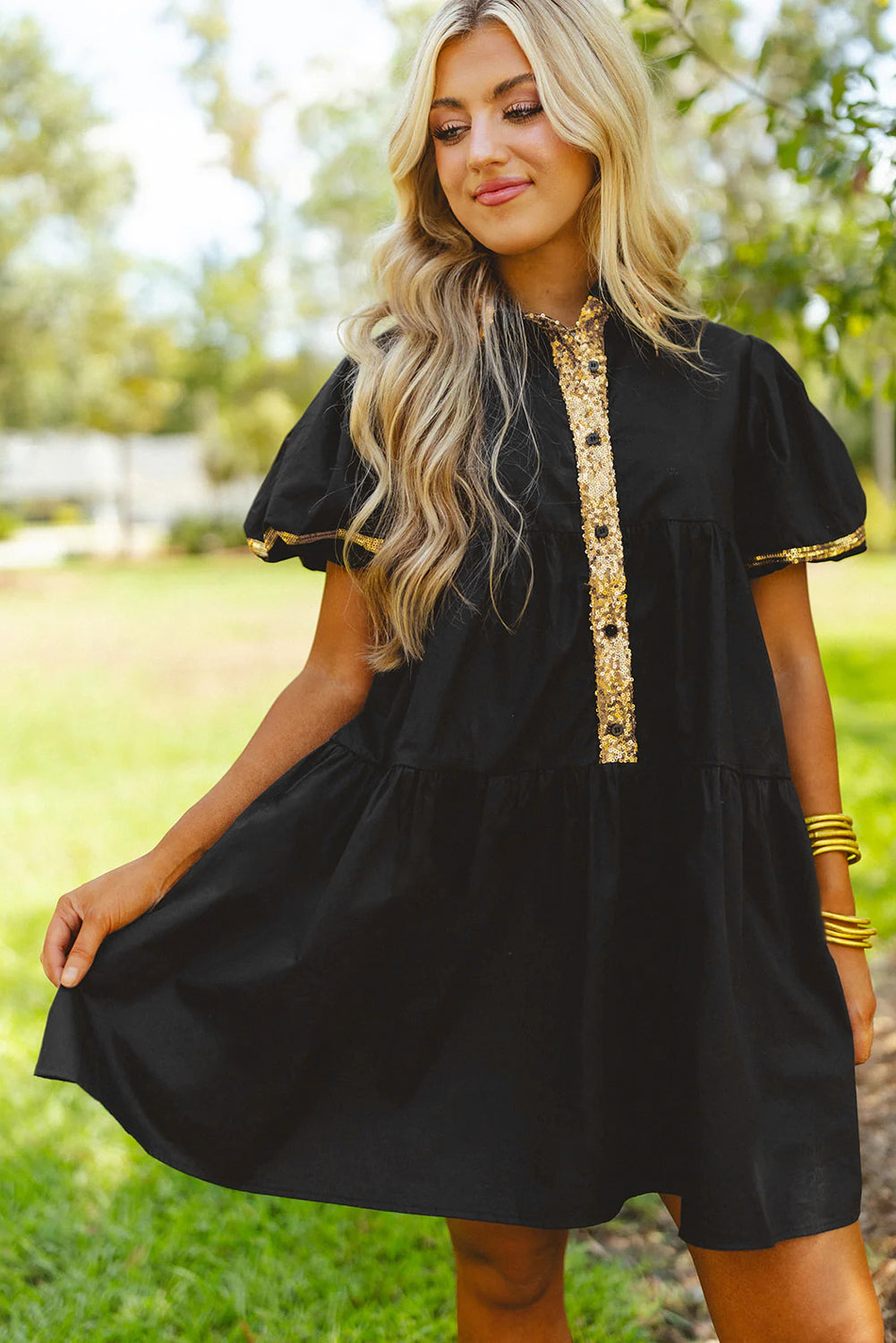 Black Sequin Trim Bubble Sleeve Game Day Shirt Dress