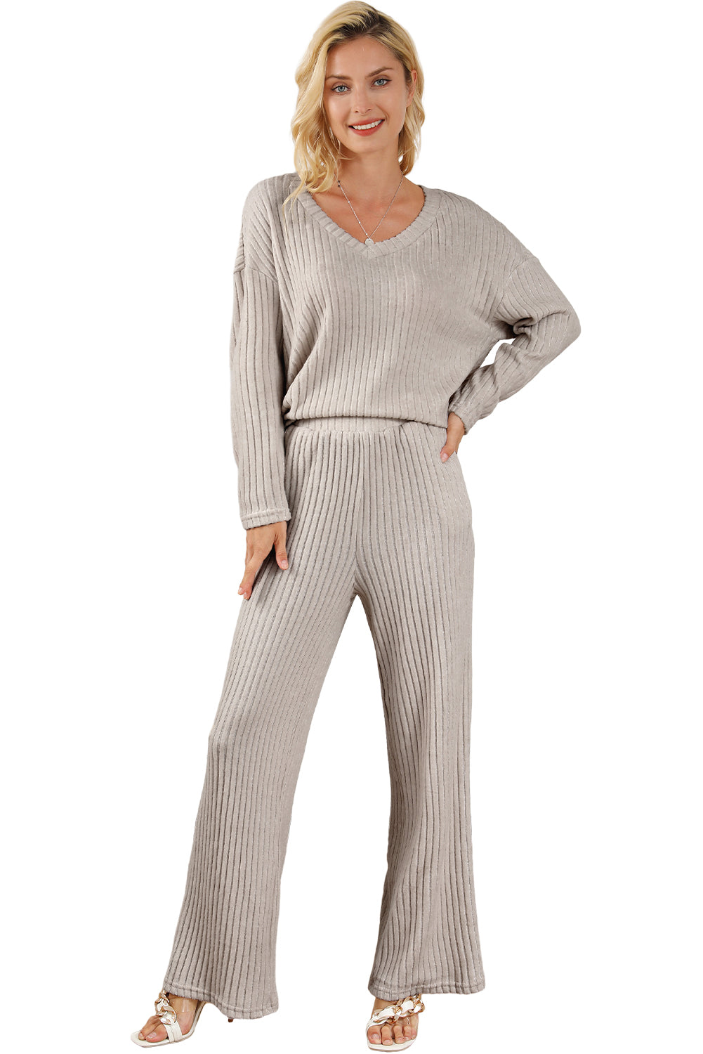 Light Grey Ribbed Knit V Neck Slouchy Two-piece Outfit