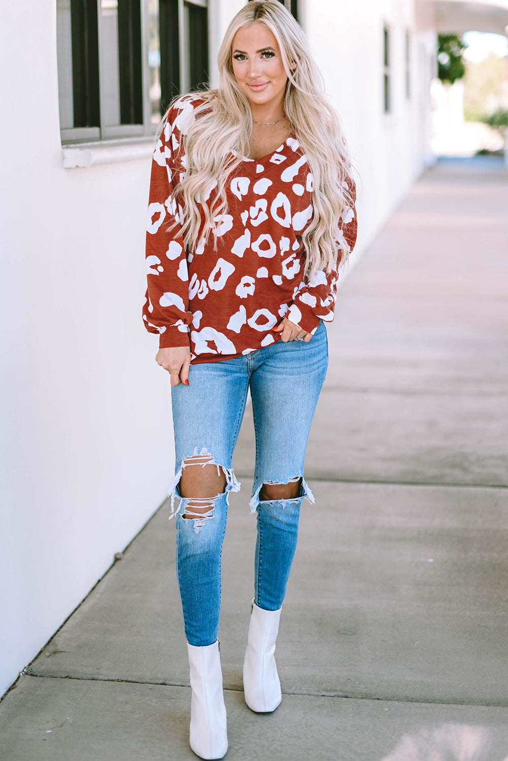 Red Clay Leopard Print Bishop Sleeve V-Neck Top