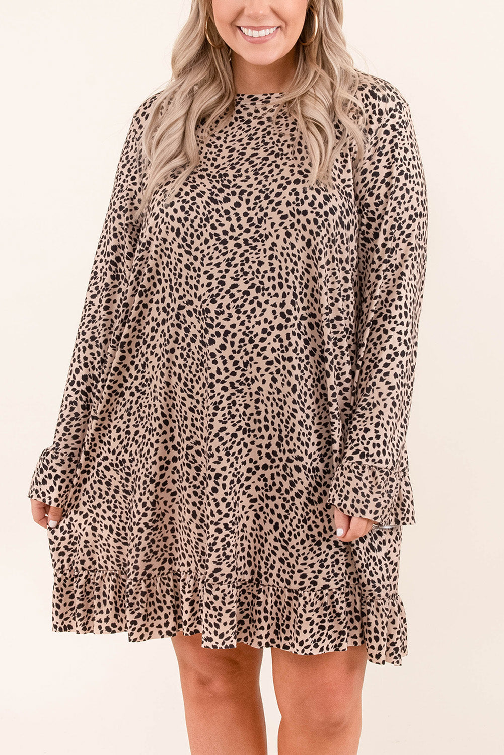 Mini obleka z dolgimi rokavi in ​​naborki velike velikosti Leopard