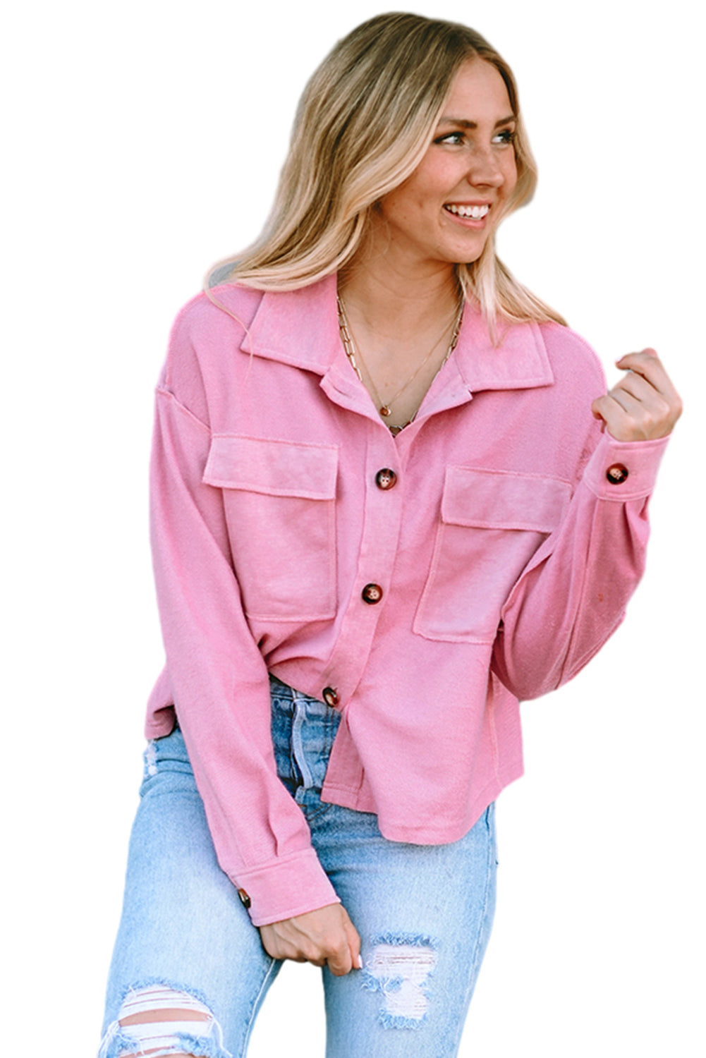 Rožnata srajčna jakna z žepi z zavihanim ovratnikom