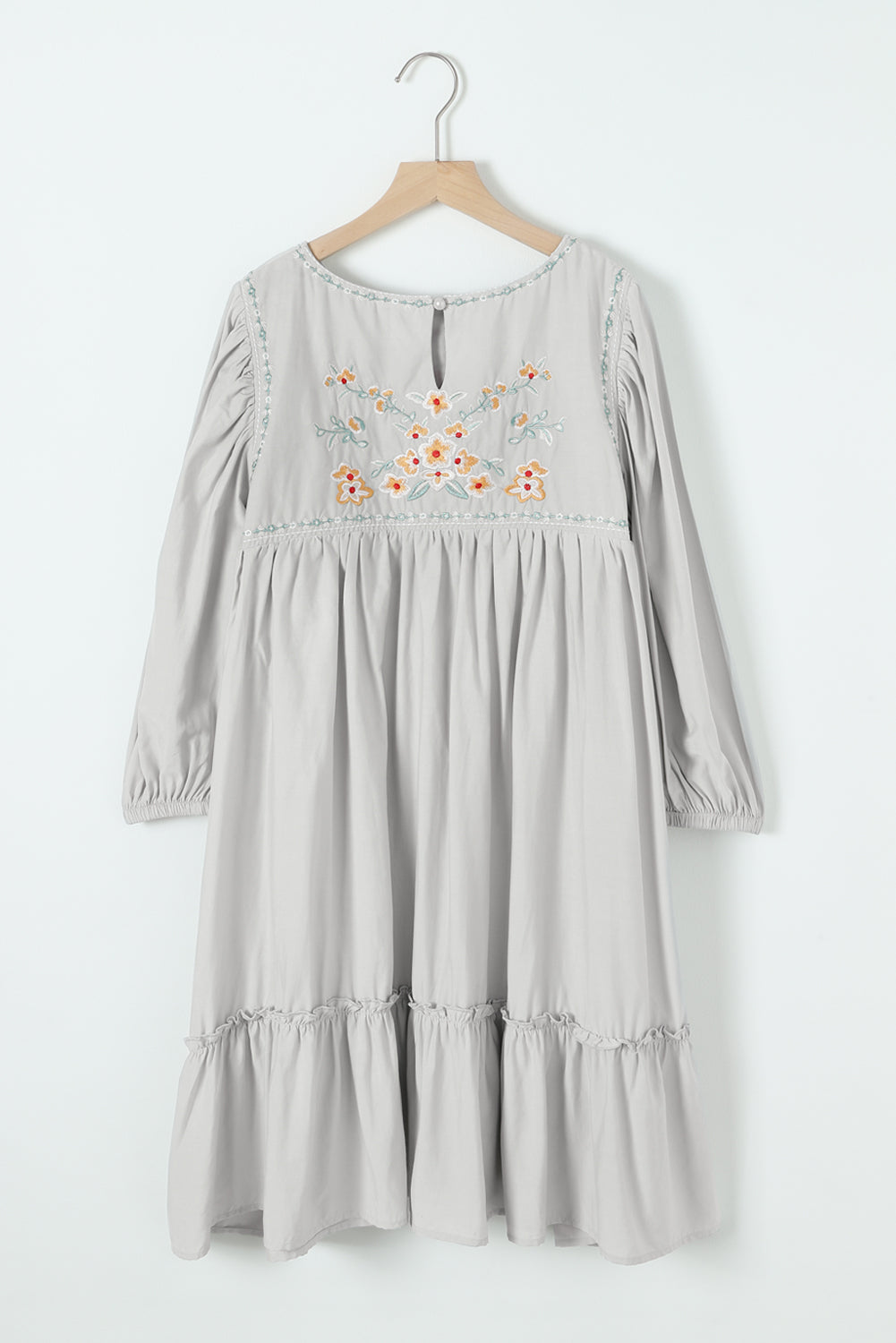 Siva babydoll mini haljina dugih rukava s cvjetnim vezenjem