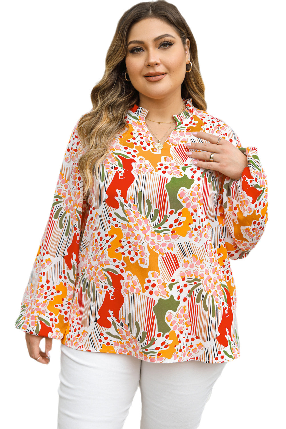 Narančasta bluza veće veličine s cvjetnim apstraktnim printom i V izrezom