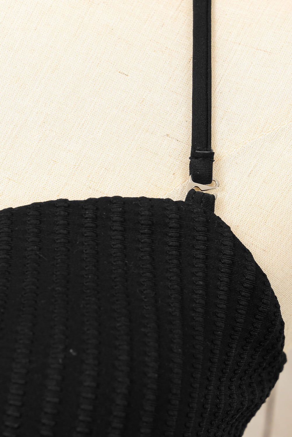 Black Rhinestone Rings Textured Halter Neck Bikini Set