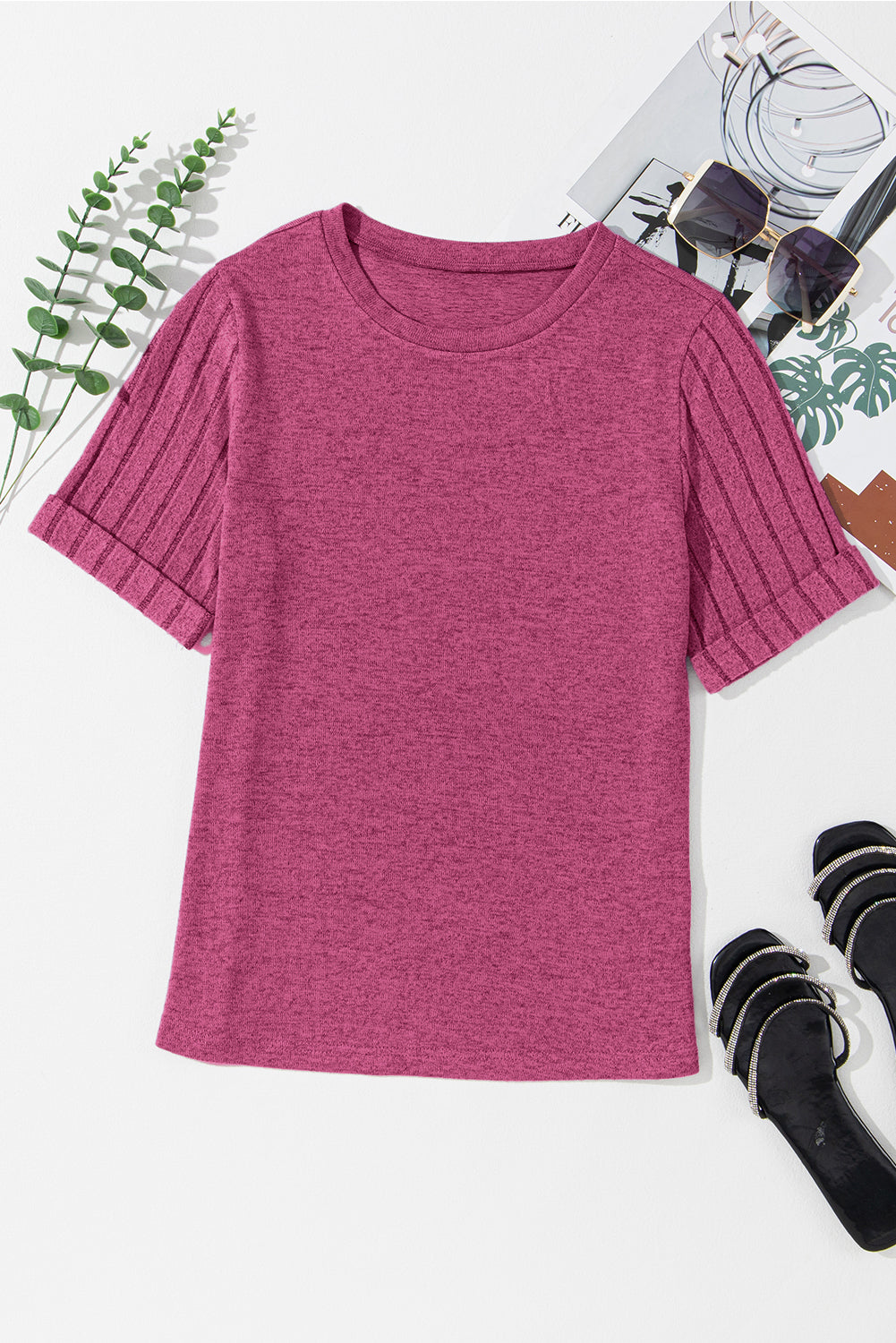 T-shirt à col rond et manches côtelées rose vif