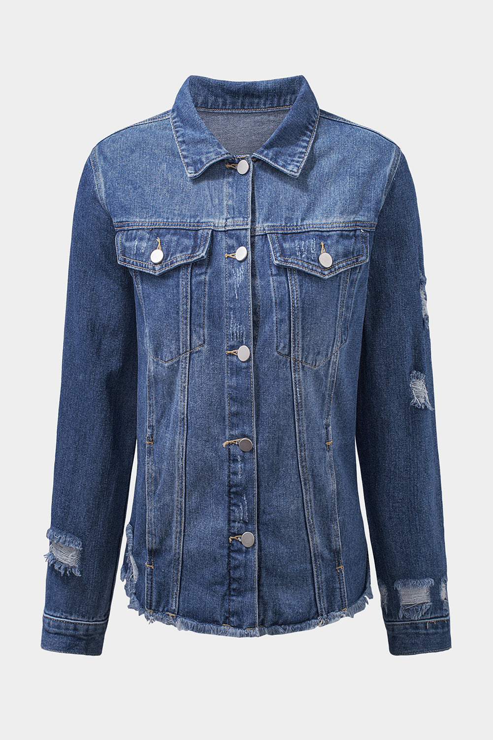 Himmelblaue Jeansjacke mit Distressed-Revers und unversäubertem Saum und Knöpfen