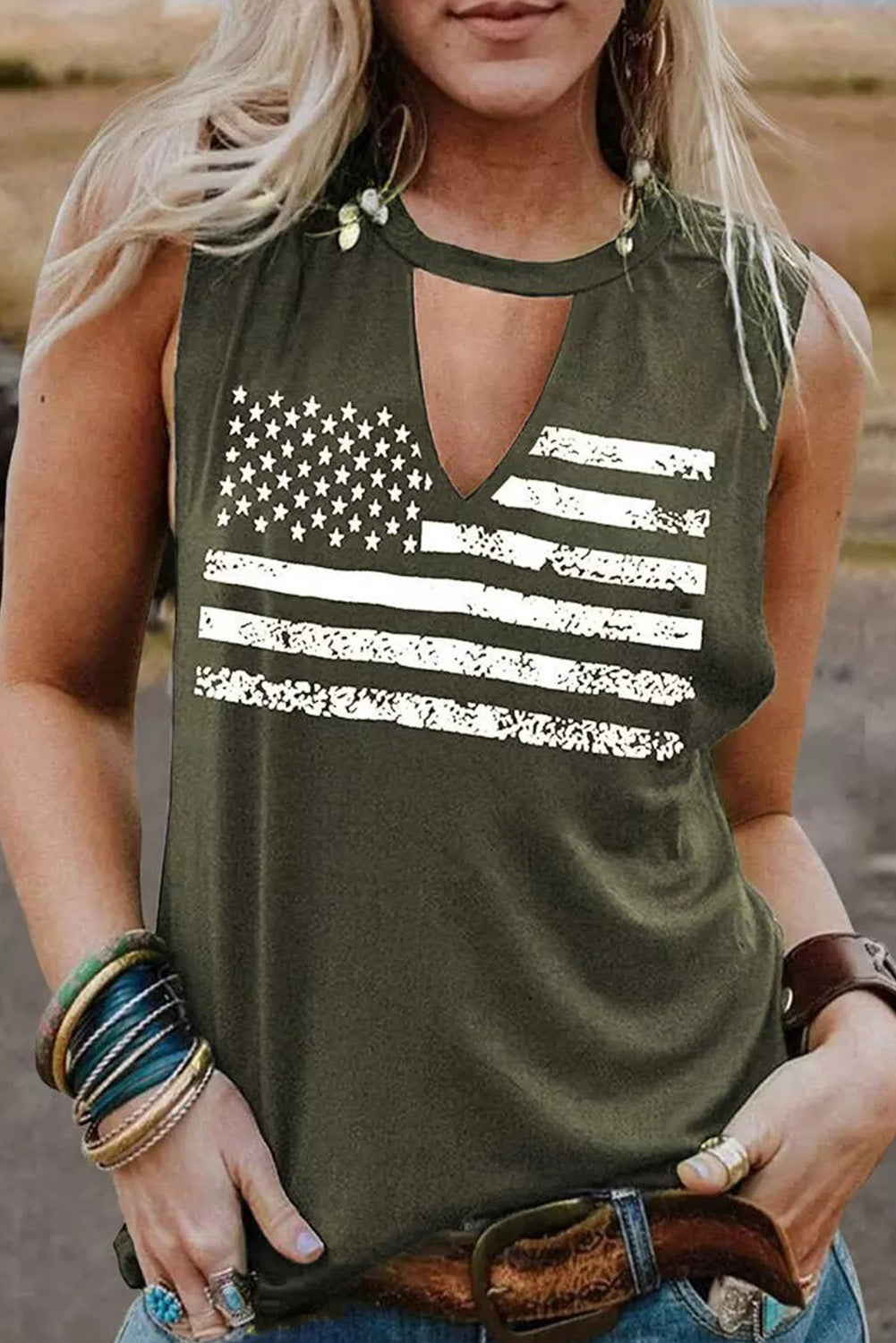 Majica bez rukava s printom američke zastave sa zelenim izrezima