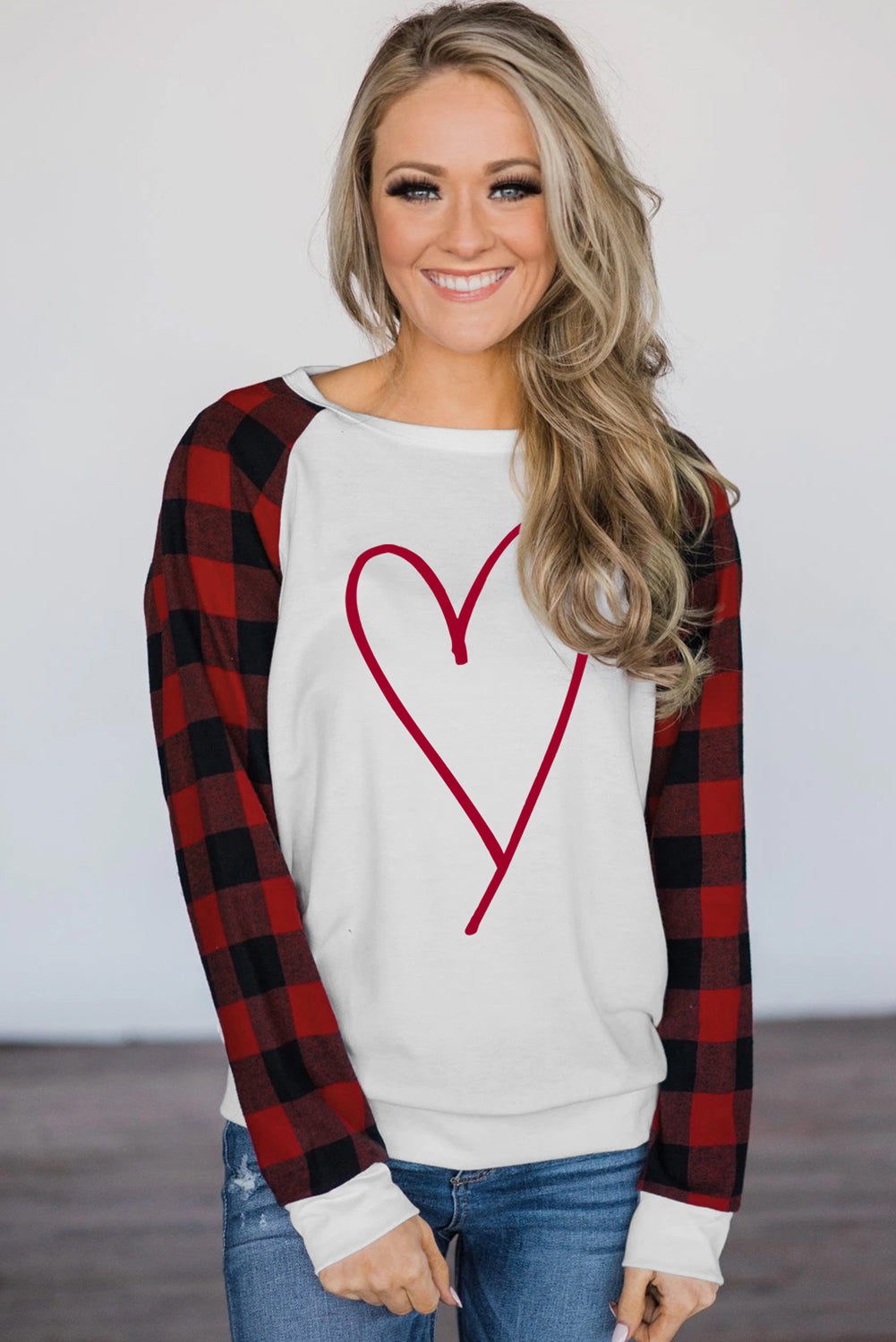 Valentine Heart Print Plaid Long Sleeve Pullover Sweatshirt