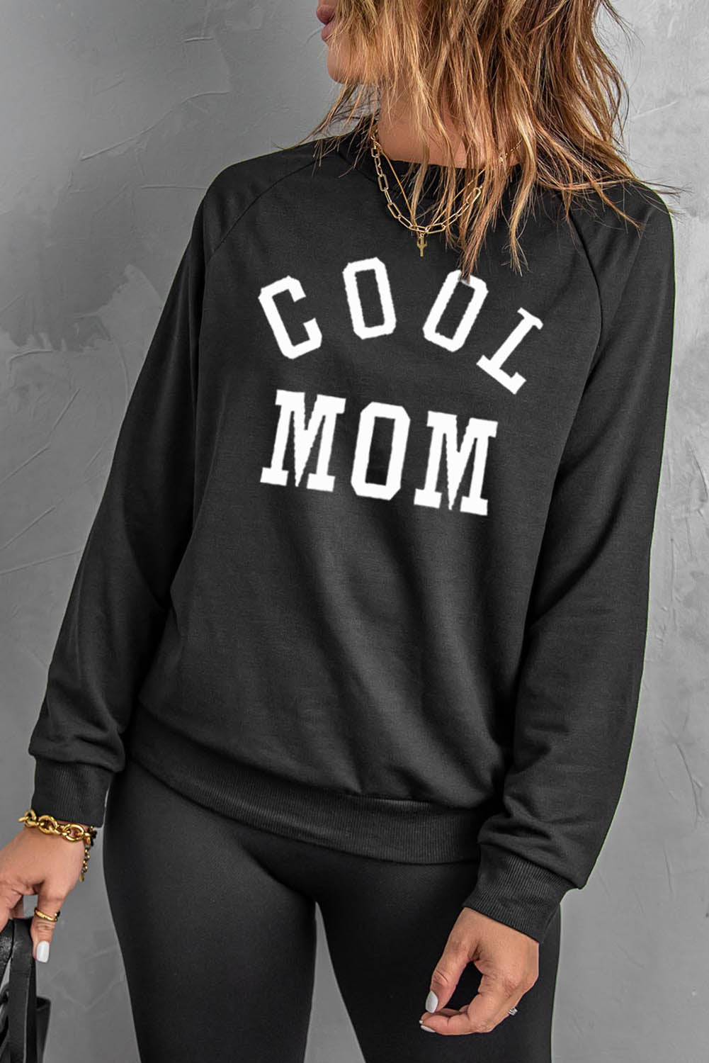 Black COOL MOM Print Crewneck Pullover Sweatshirt