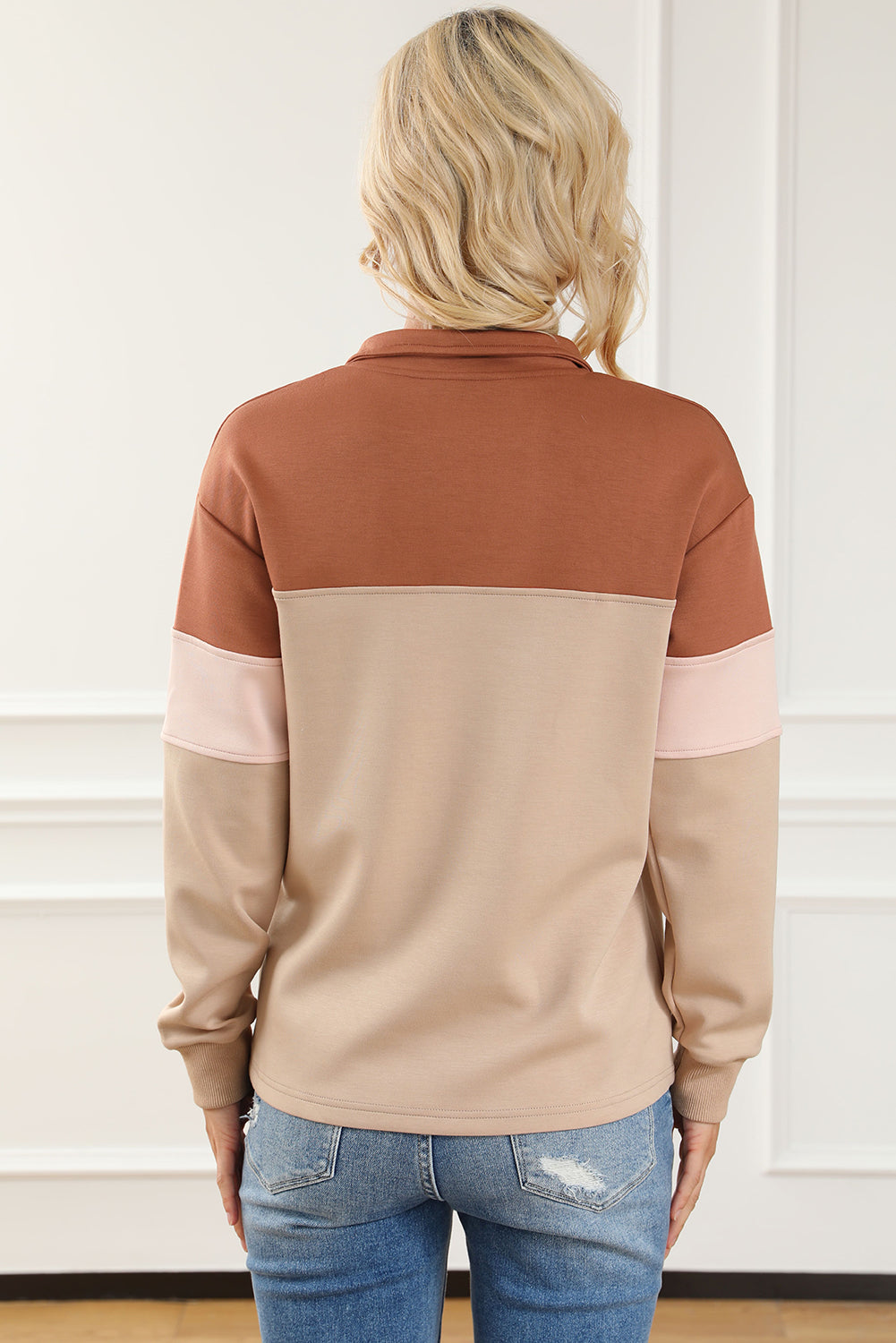 Khakifarbenes Farbblock-Sweatshirt mit Stehkragen und Reißverschluss