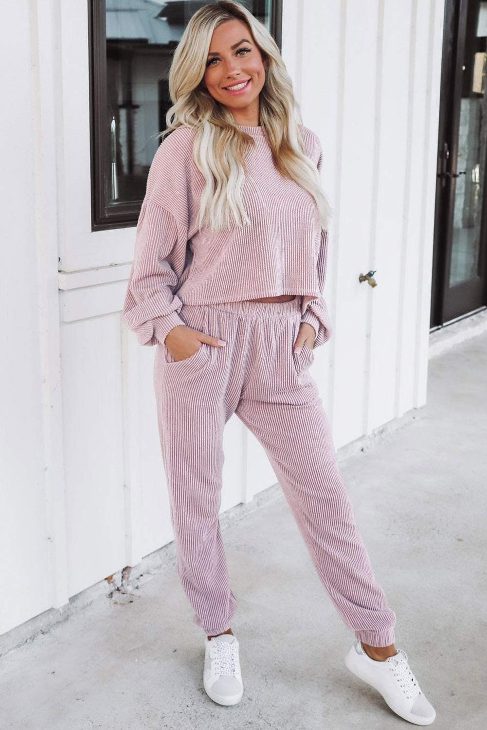 Pale Chestnut Ribbed Two Piece Pullover and Joggers Lounge Set