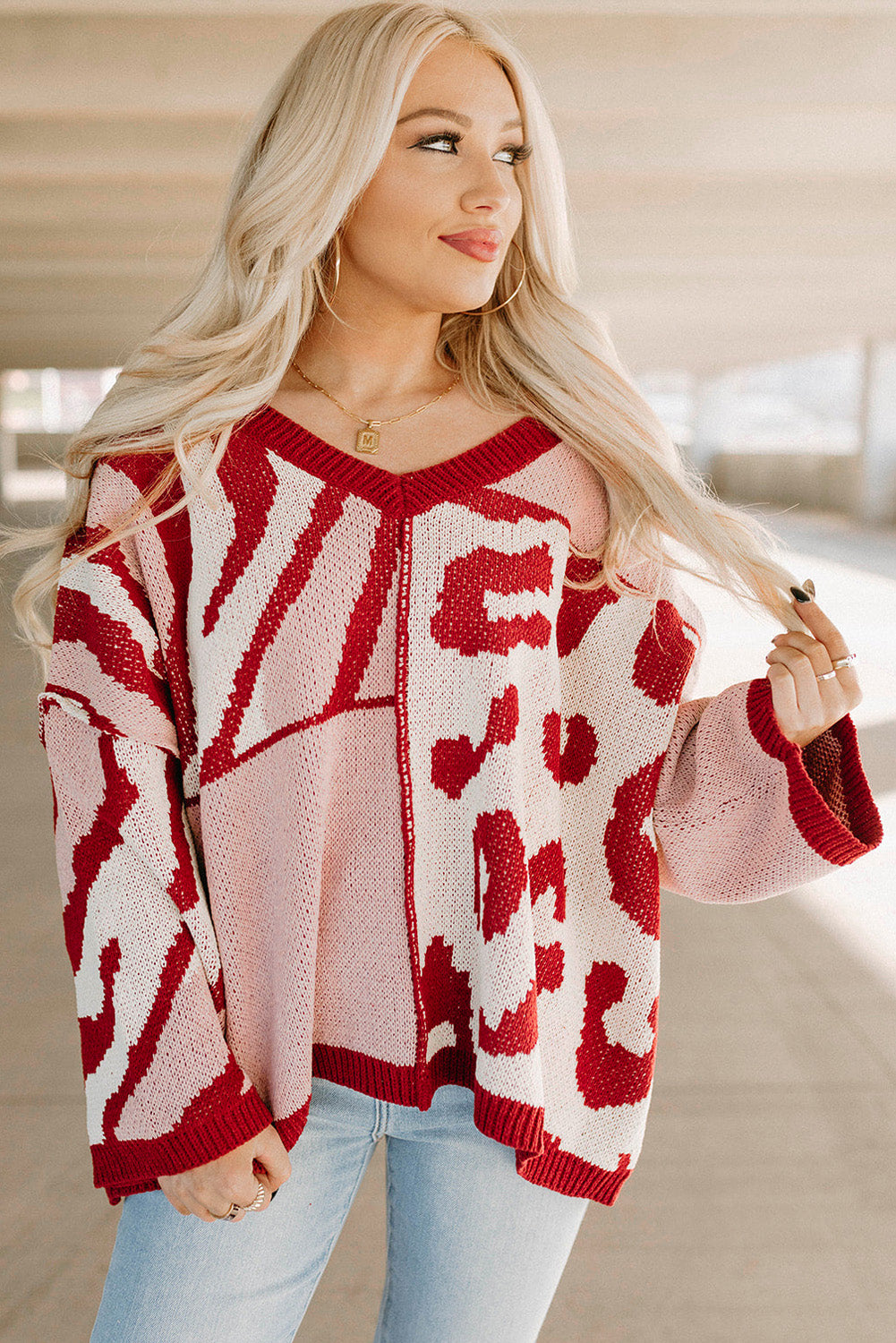 Fiery Red Mix Pattern Knit Ribbed Trim Oversize Sweater