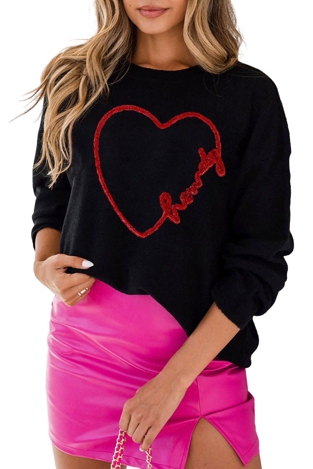 Maglione casual girocollo con grafica rosa Howdy Heart