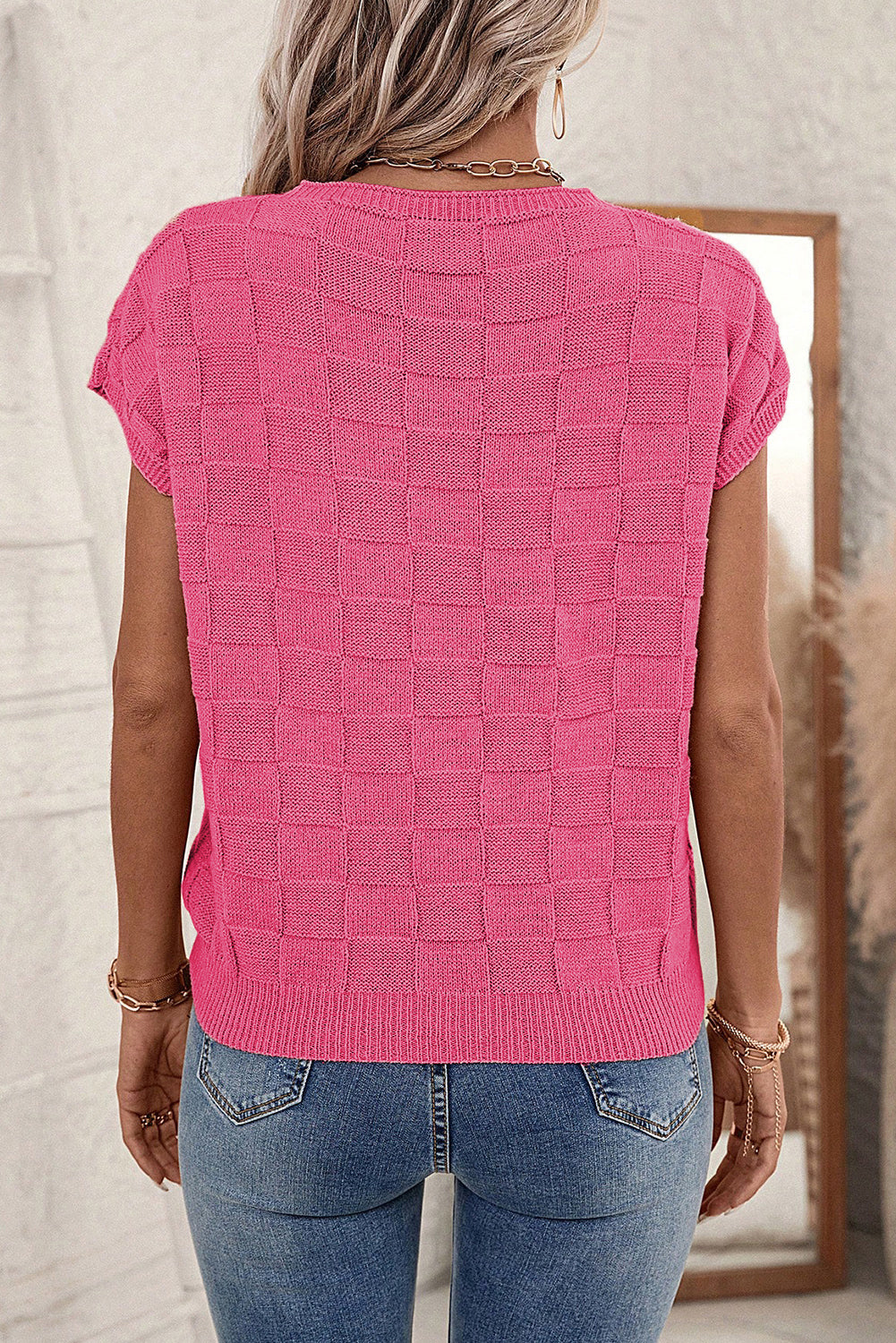 Pull à manches courtes en tricot texturé en treillis rose vif