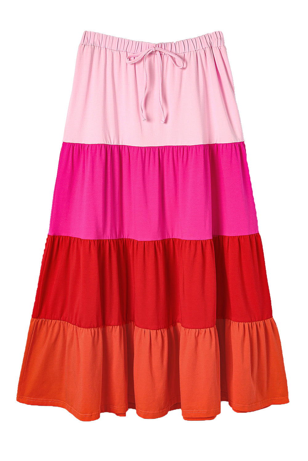 Pink Color Block Tiered Drawstring High Waist Maxi Skirt