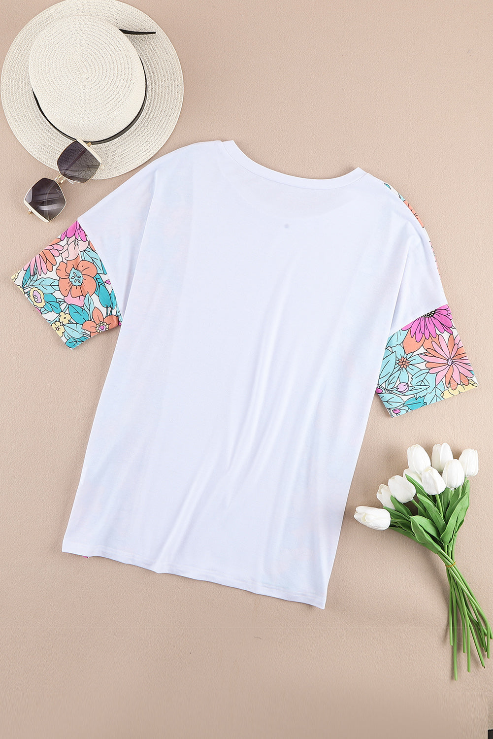 Bijeli cvjetni print patchwork majica kratkih rukava