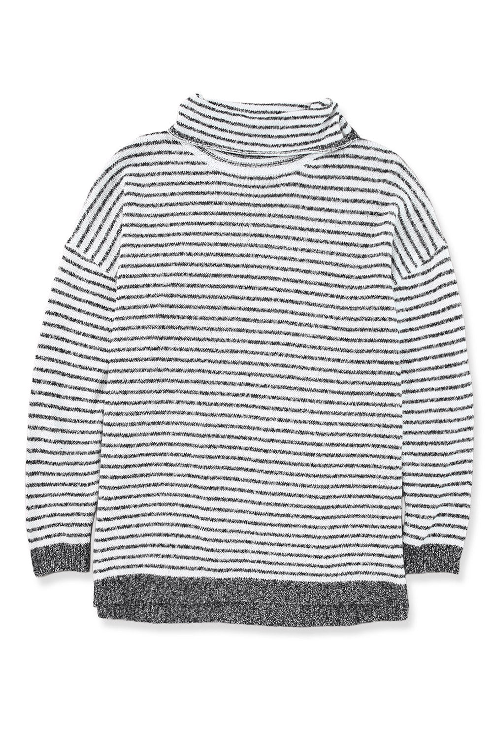 Kaki črtast ohlapen pulover z visokim ovratnikom