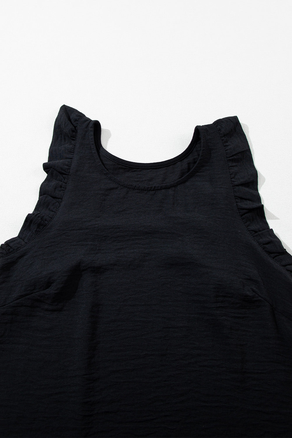 Black Solid Color Ruffled Sleeveless Shift Mini Dress