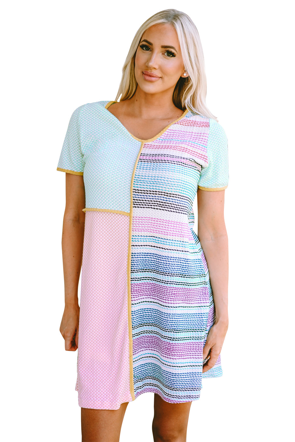 Pletena patchwork haljina A-kroja s višebojnim blok prugama