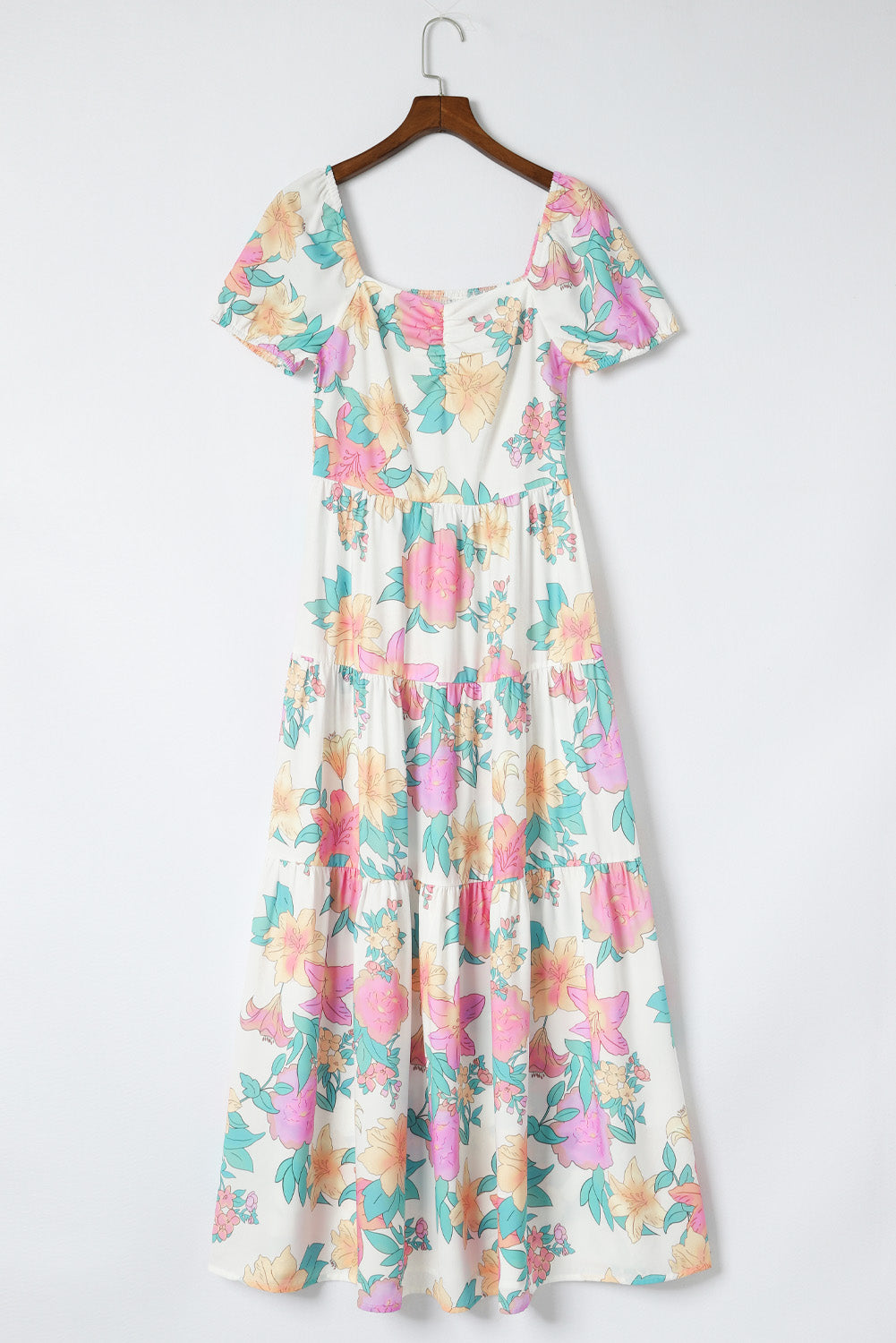 Višebojna cvjetna maksi haljina s puf rukavima s četvrtastim izrezom