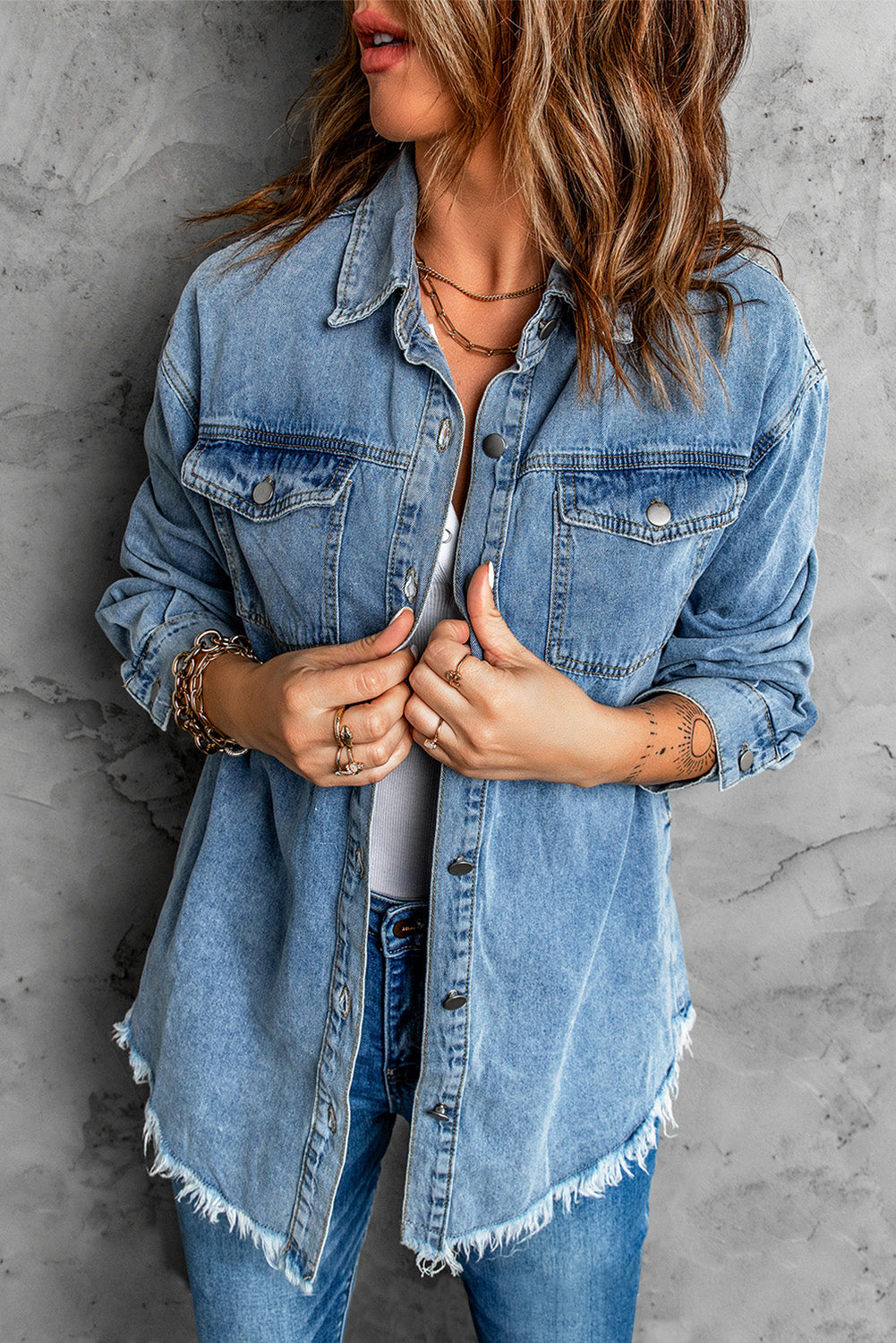 Sky Blue Pocket Raw Hem Buttoned Denim Jacket