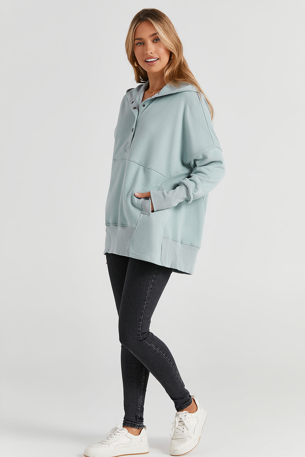 White Batwing Sleeve Pocketed Henley Hoodie