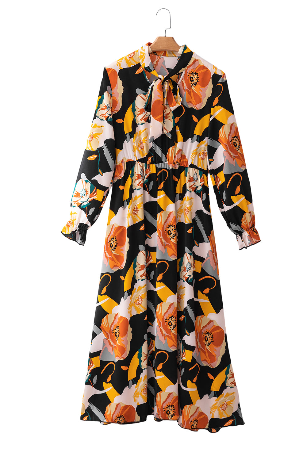 Oranžna obleka z dolgimi rokavi in ​​zavezujočim izrezom s cvetličnim vzorcem