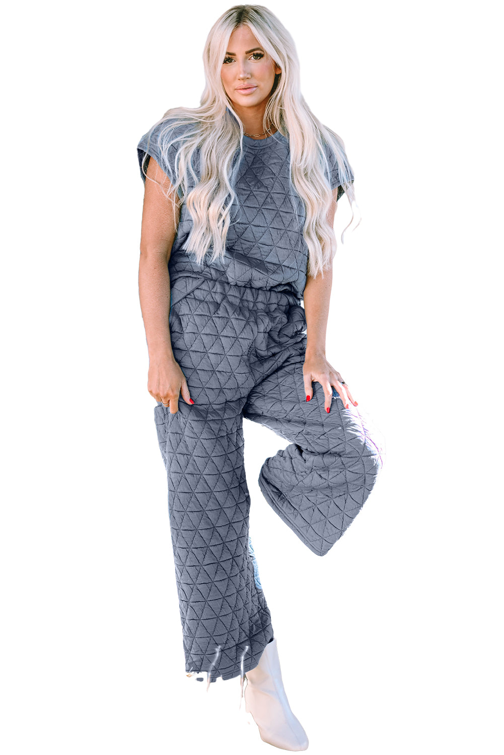 Real Teal Quilted Short Sleeve Wide Leg Pants Set