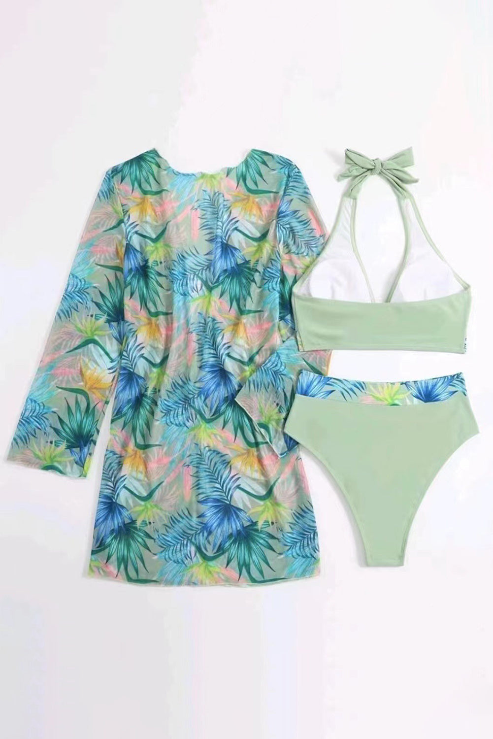 Laurel Green Ensemble de bikini dos nu à bordure contrastée tropicale 3 pièces avec cache-maillot