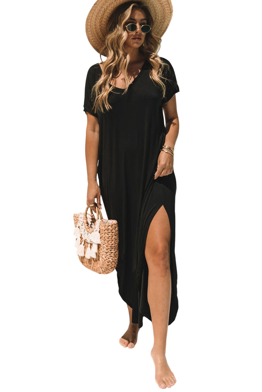 Abito maxi t-shirt nero con tasche nascoste e scollo a V