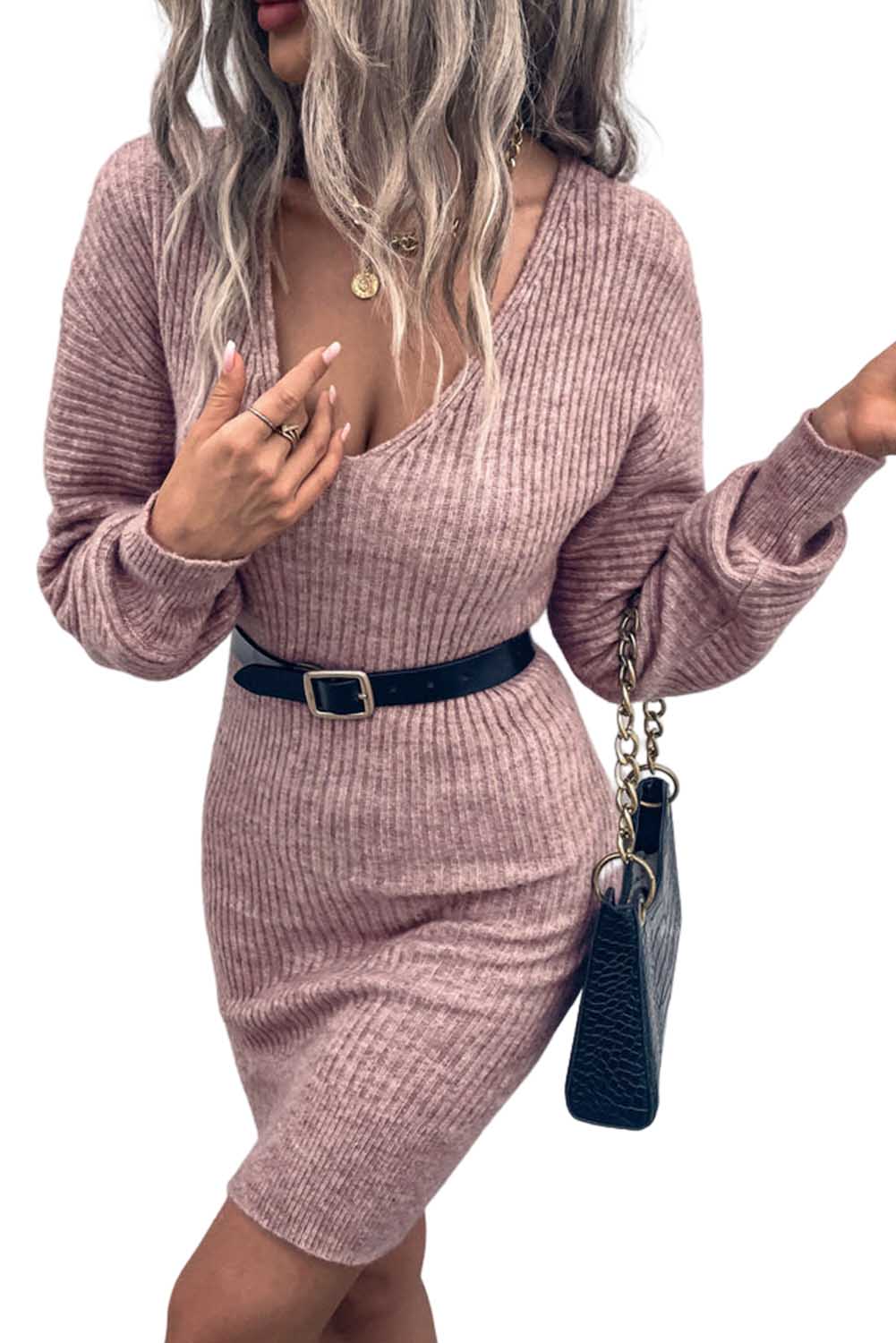 Rožnata pulover obleka z V izrezom
