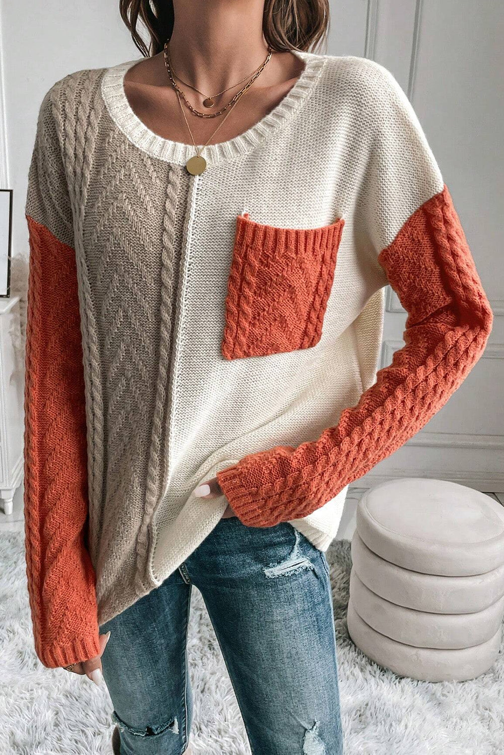 Gold Flame Colorblock-Pullover mit aufgesetzten Taschen und überschnittener Schulter