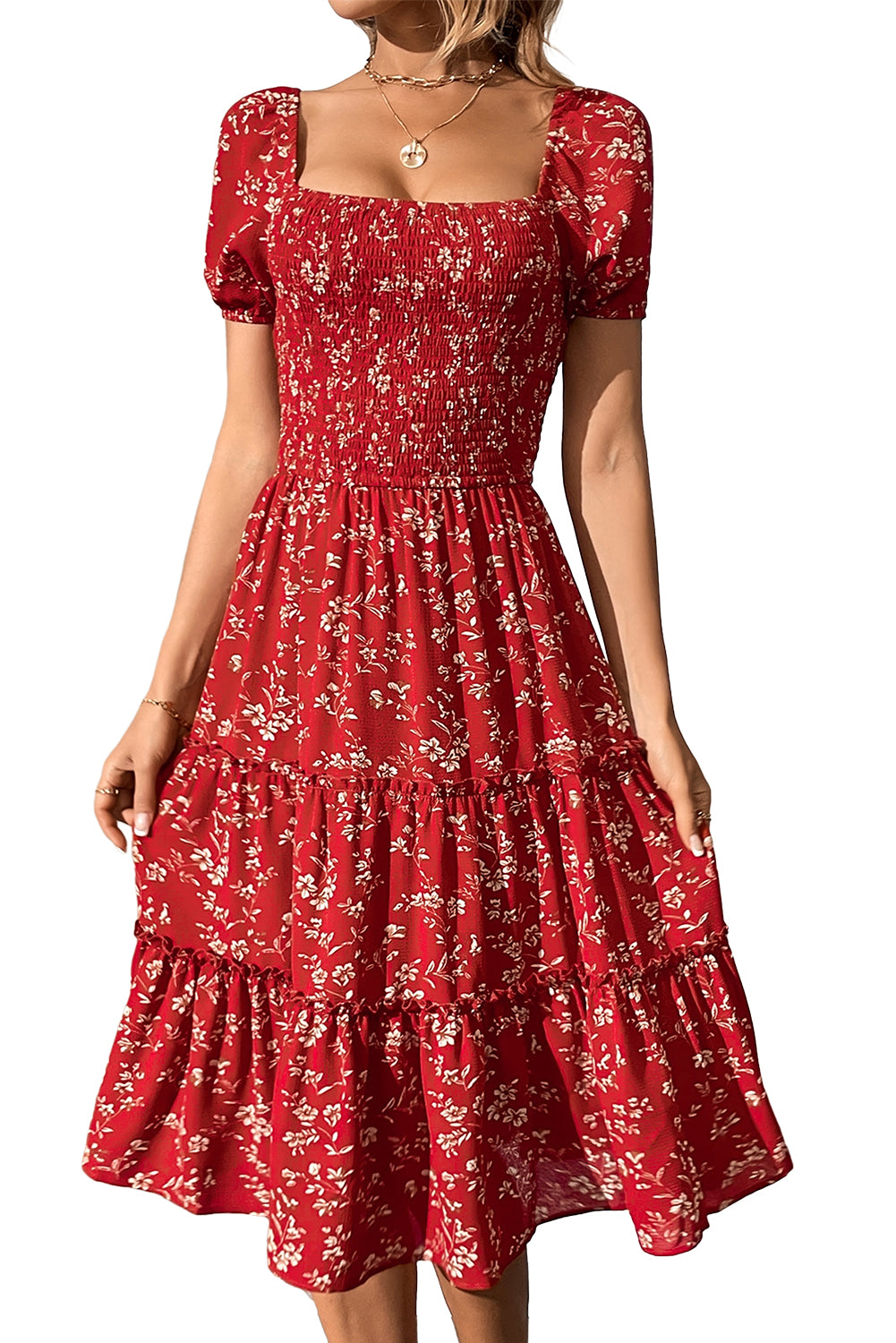 Rdeča midi obleka s cvetličnim izrezom in kvadratnim izrezom, prevlečena z rožicami boho