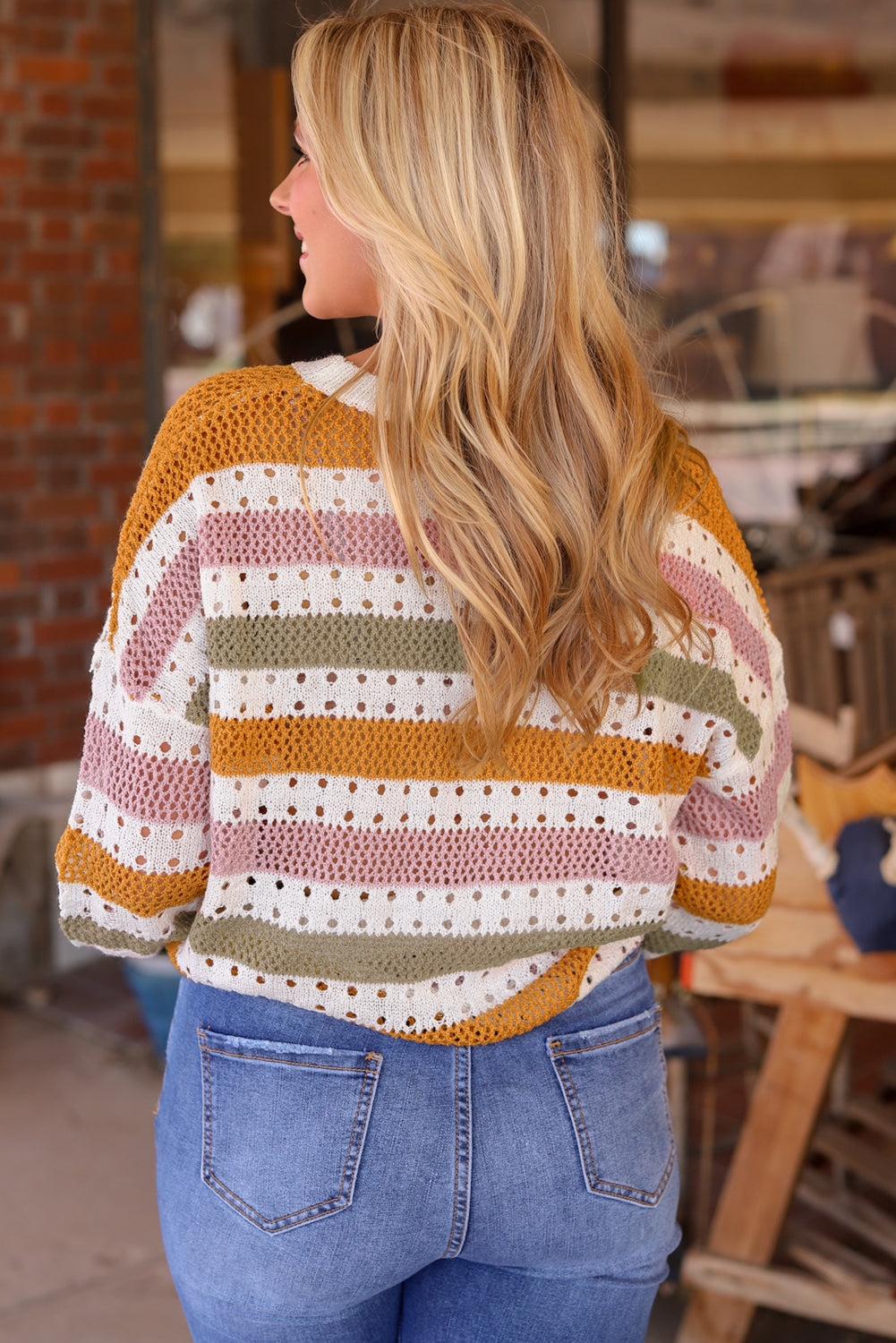Tan Striped Hollowed Knitted Loose Sweater