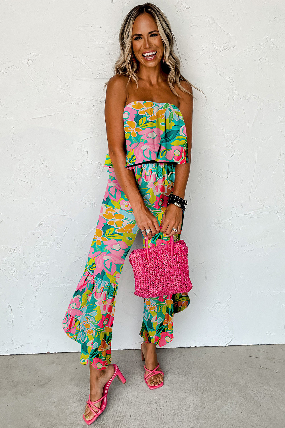 Red Mix Tropical Print Strapless Ruffled Jumpsuit