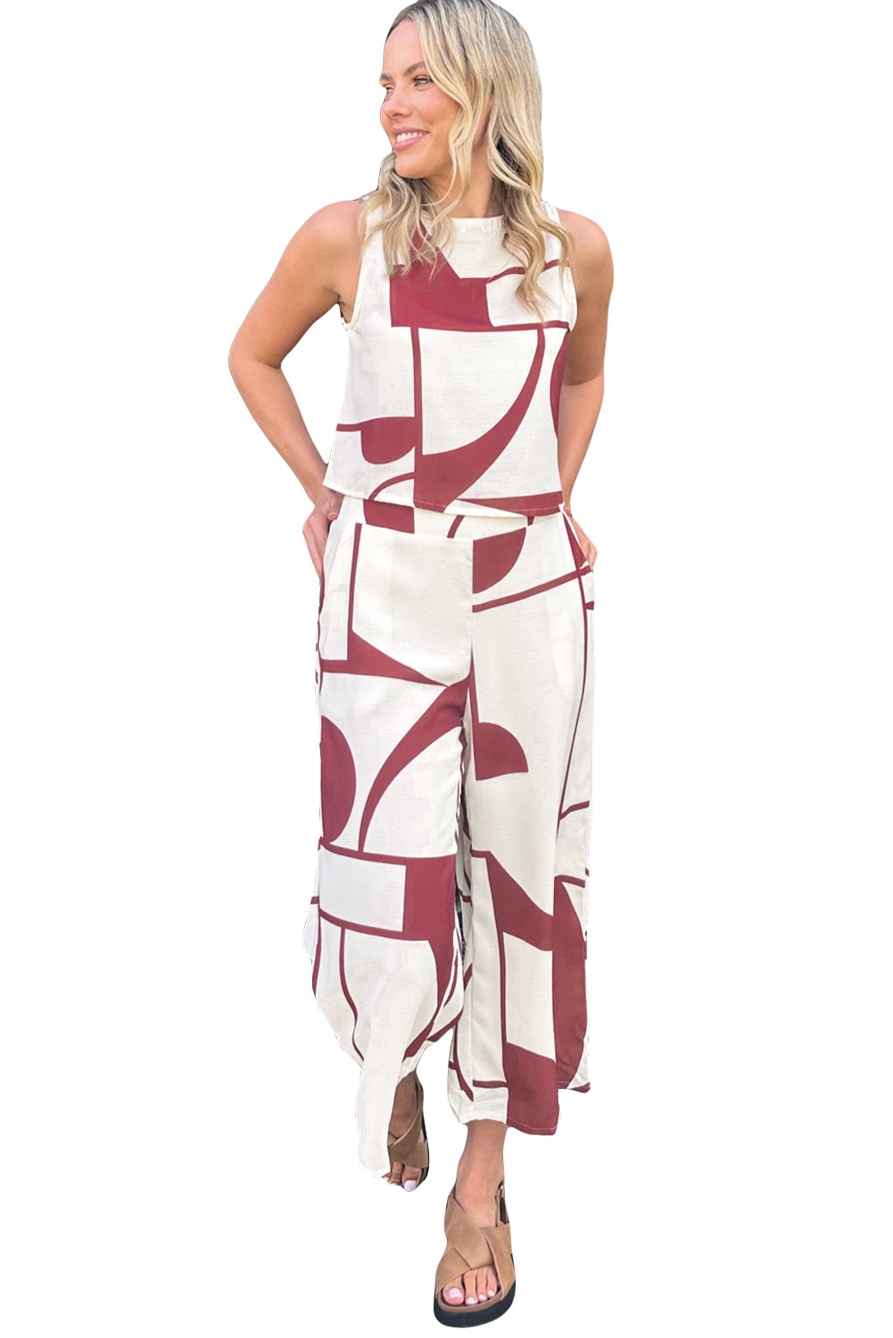 White Abstract Printed Button Back Vest and Wide Leg Pants Set