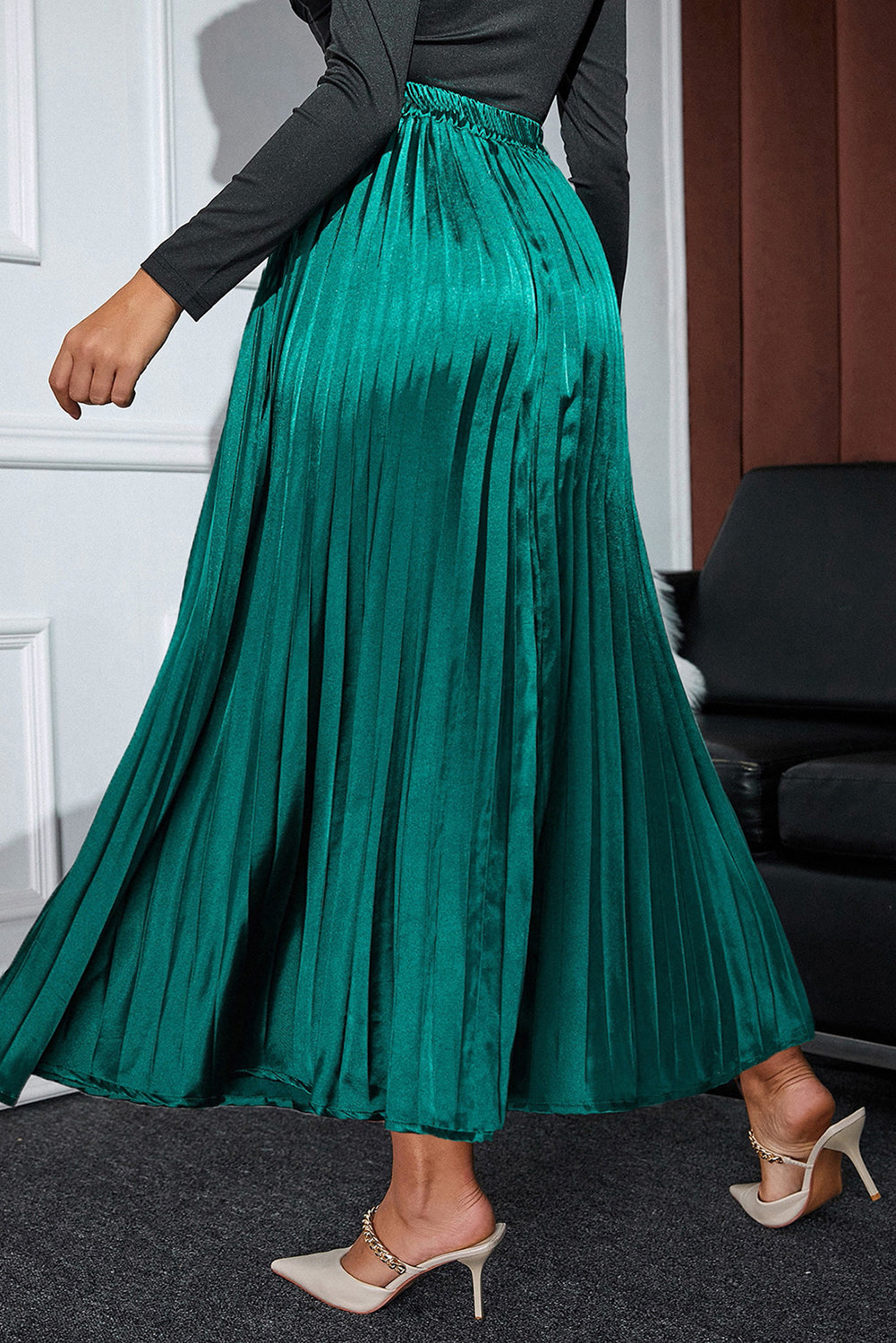 Crnozelena satenska maksi suknja s elastičnim strukom