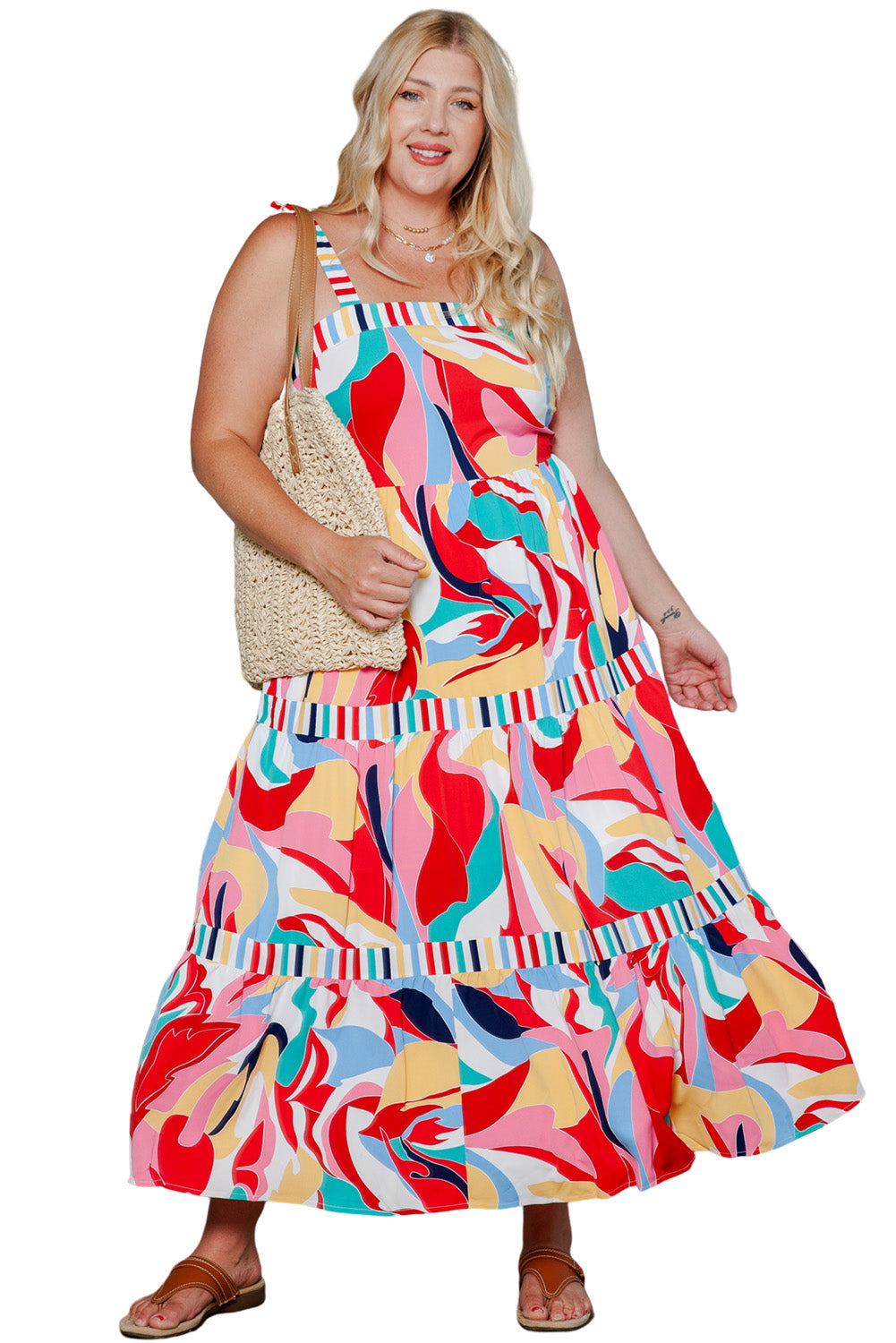 Višebojna haljina s boemskim apstraktnim printom na naramenice